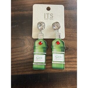 ITS Sense Green Gin Bottle Dangle Earrings Translucent Acrylic Novelty Jewelry